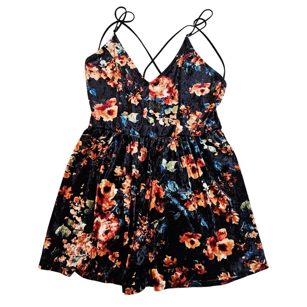 Rue 21 Womens Velvet Dark Floral Babydoll Romper Dress Large Festival Whimsigoth
